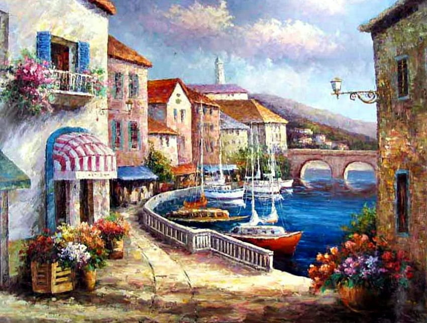 イタリアの海岸、海、道、町、地中海、家、アートワーク、絵画、ボート、雲、港 高画質の壁紙