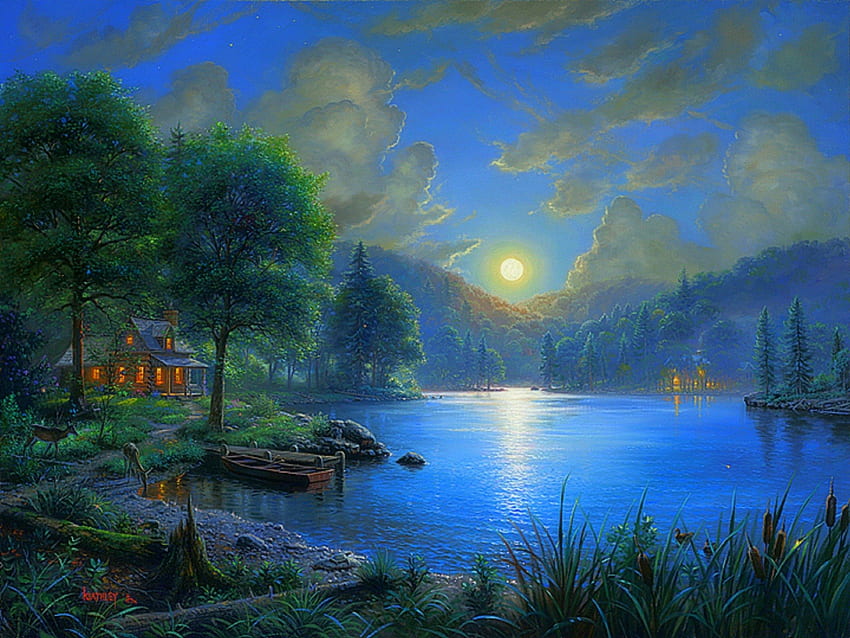 ★Moonlight Sonata★, blue, blue dreams, scenery, moonlight, cottages, waterscapes, boats, trees, moons, attractions in dreams, paintings, love four seasons, lakes, landscapes, cool, clouds, nature, sky HD wallpaper