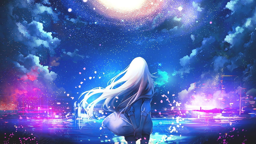 Anime white hair anime girls night sky stars colorful [] for your , Mobile & Tablet. Explore Anime Sky . Anime Sky , Sky , Sky Background, Aesthetic Anime Sky HD wallpaper