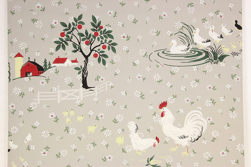 1940s Vintage Farmyard Barn Chickens Ducks on Gray - Rosie's Vintage HD wallpaper