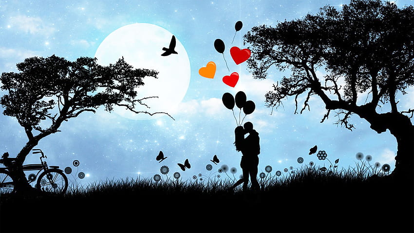 Boy and Girl Kiss Embrace Romantic Moon Balloon Heart HD wallpaper