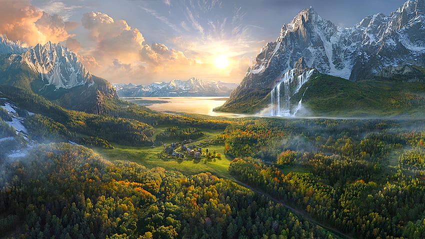 Pemandangan ajaib, damai, menakjubkan, air, matahari, laut, sihir, warna, lanskap, air terjun, indah, gunung, danau, luar ruangan, air terjun, alam, indah, desa Wallpaper HD