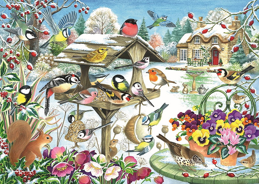 Winetr Bird Party, pansy, winter, party, birds, puzzle HD wallpaper