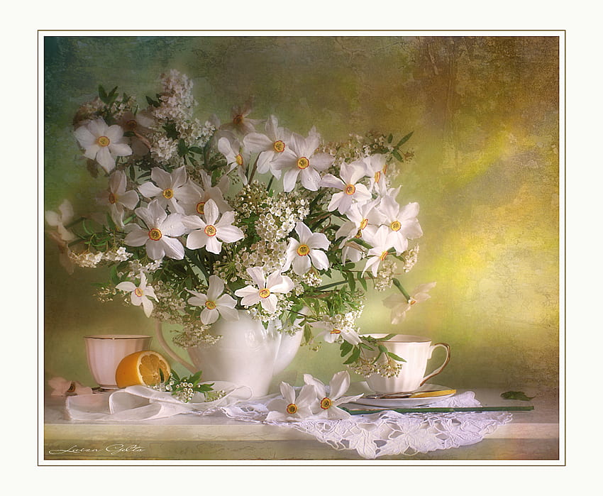 still life, white, bouquet, graphy, vase, beautiful, lace, cup, nice, jug, flower, lemon, cool, , harmony HD wallpaper