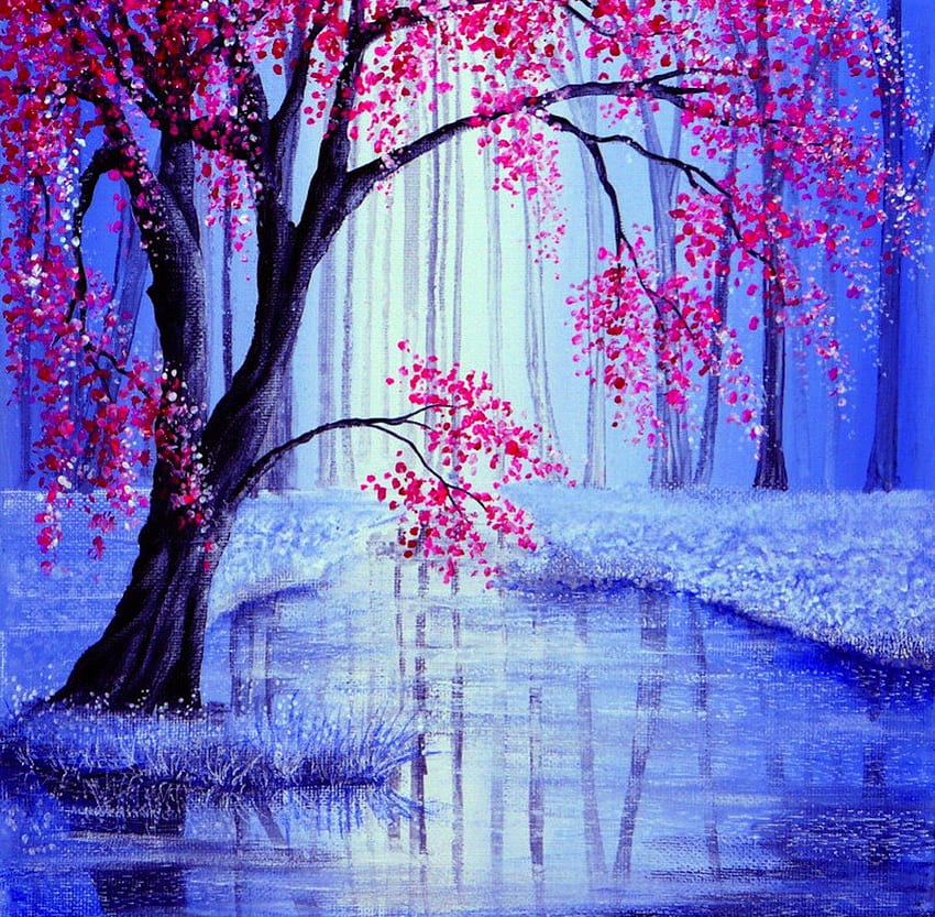 Beauty's Blossom, blue, painting, red, water, blossom HD wallpaper
