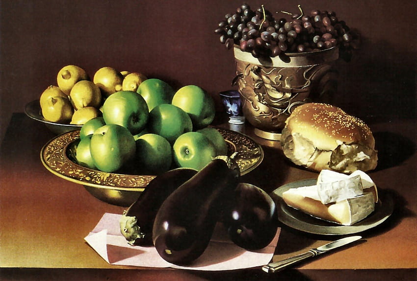Still Life 2, lemons, art, grapes, cheese, still life, artwork, wide screen, apples, painting, bread, egg plant HD wallpaper