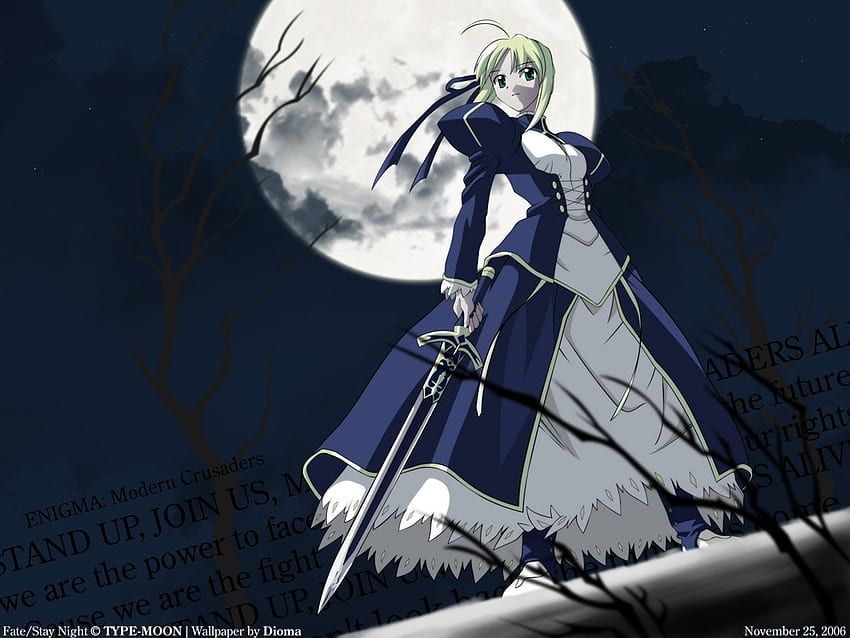 The Modern Crusader, night, blue, knight, fate stay night, lonely, saber, anime, caliburn, moon, king, forest, arturia HD wallpaper