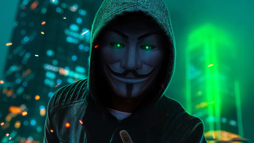 Anonymus mask with green neon colors Ultra HD wallpaper