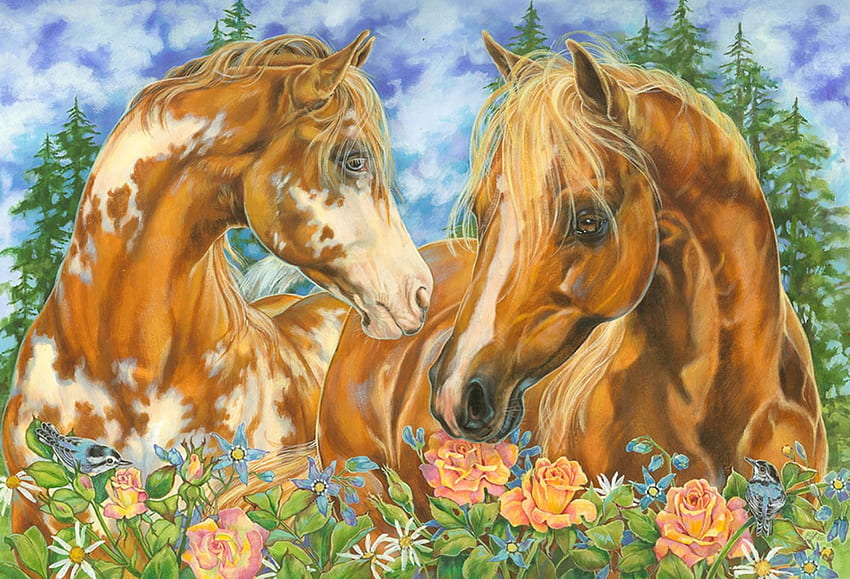 truelove, horses, art, nature, flowers HD wallpaper