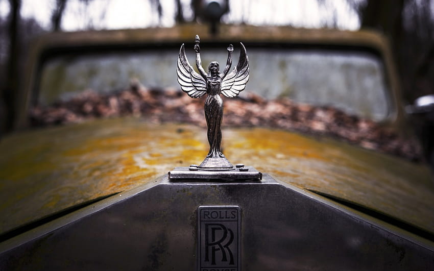 Emblema Rolls Royce, Rolls Royce, ali, auto, angelo, emblema, retrò, giallo, argento, vintage Sfondo HD