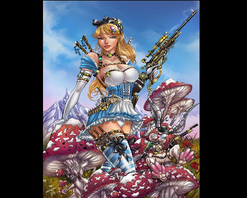 Steampunk Alice, gun, steampunk, alice, mushroom HD wallpaper