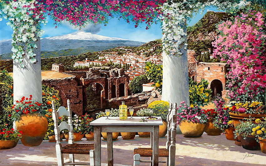 Piatto di olive a Taormina, sedie, tavolo, quadro, paesaggio, fiori, veranda, montagna, villaggio Sfondo HD
