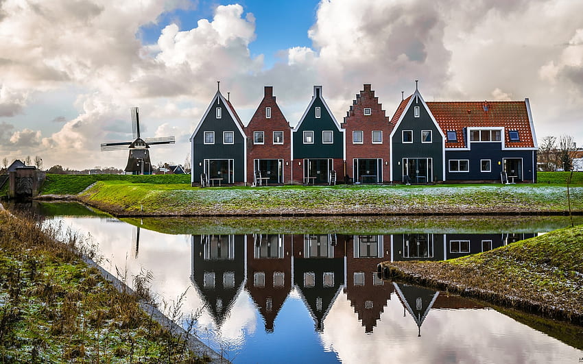 Волендам, Холандия, вятърна мелница, канал, отражение, пейзаж, Холандия, къщи HD тапет