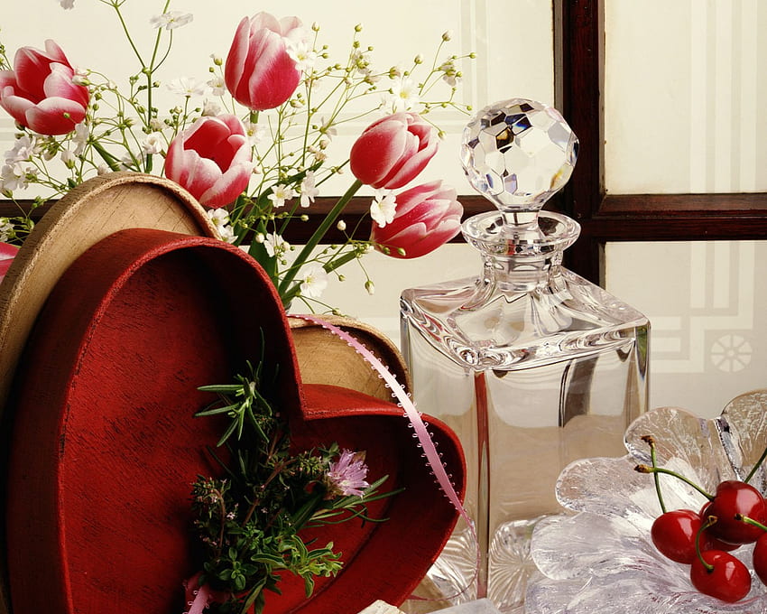 tulips, cherry, glass, flowers, heart, bottle HD wallpaper