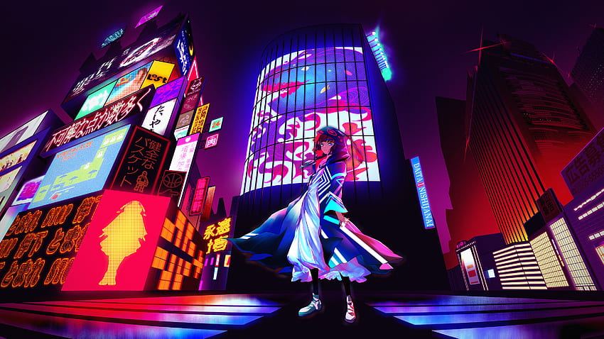 Anime Girl Billboard Neon City , Anime , , , Background und , Neon Light Anime HD-Hintergrundbild