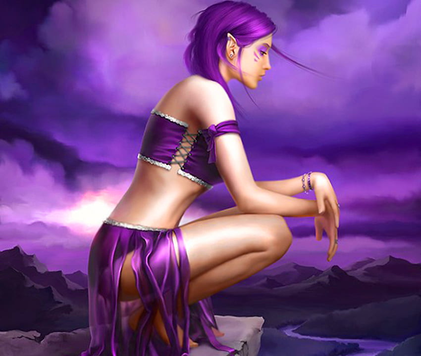 Purple, girl, beautiful, fantasy HD wallpaper