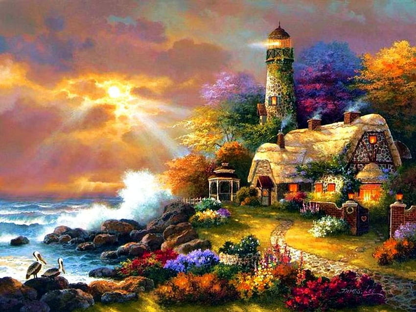 灯台コテージ、海岸、パス、秋、色、波、雲、秋、花、崖、水、日没 高画質の壁紙