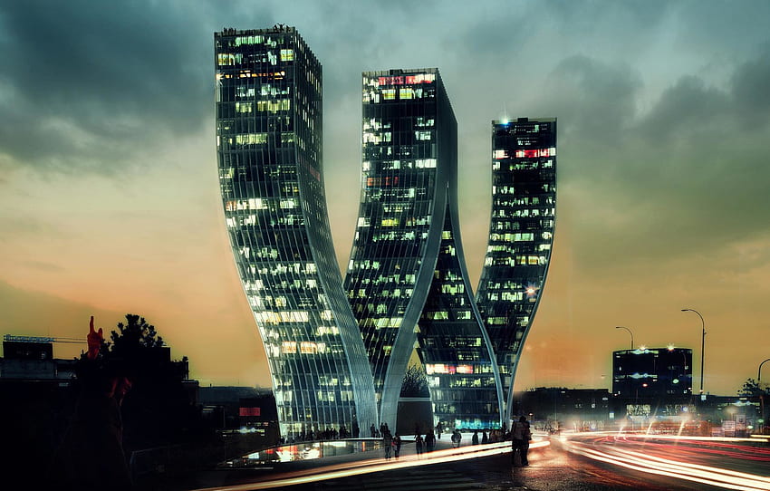L'edificio, la costruzione di Praga, Bjarke Ingels Group, il progetto edilizio Walter, 4 torri W per , sezione разное, Green Buildings Sfondo HD