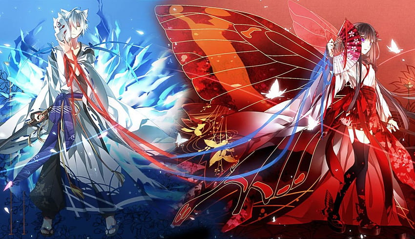 アニメ キャラクター 赤 青 翼 カップル 着物 女の子 男性 ., 赤と青のアニメ 高画質の壁紙