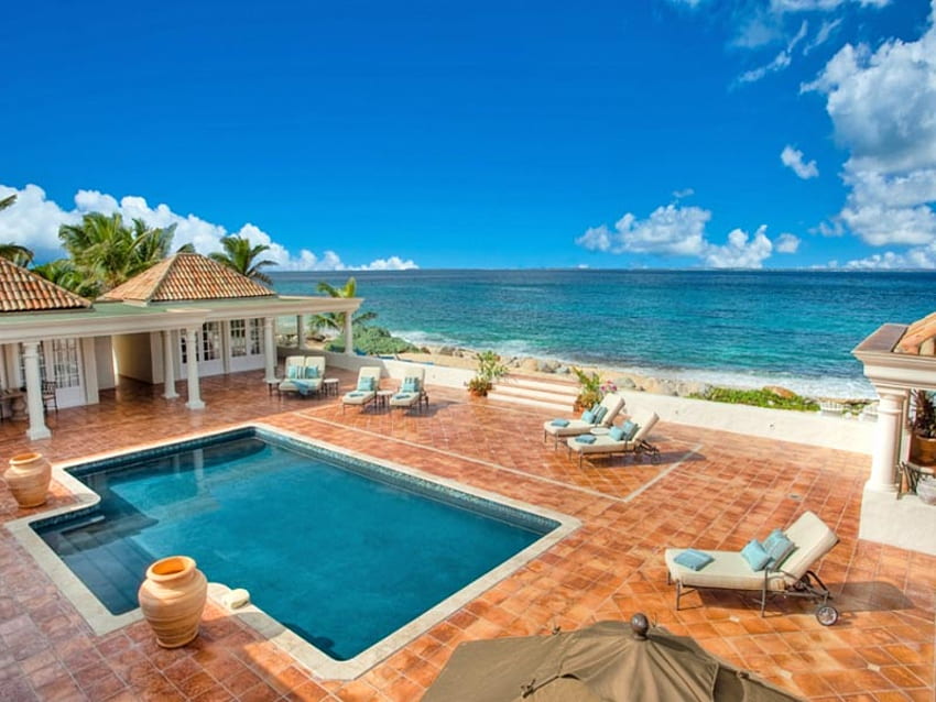 Seaside In St Martin, chairs, table, st martin, view, pool, villa, ocean, beach HD wallpaper