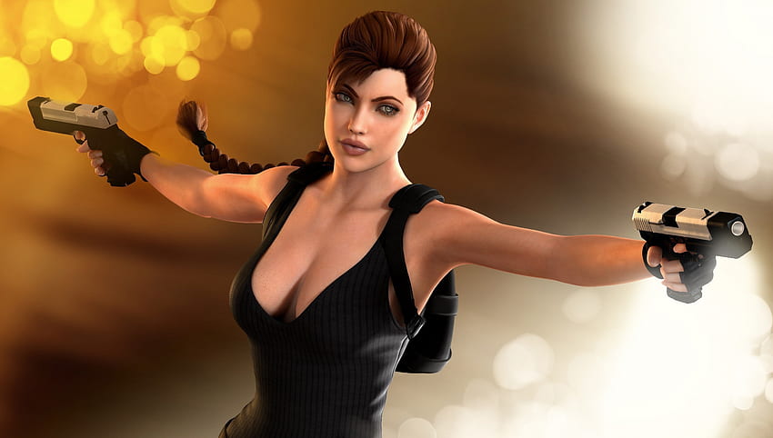 Lara Croft, games, guns, tomb raider, gloves, long hair, weapons, singlet, lone, video games, female HD wallpaper