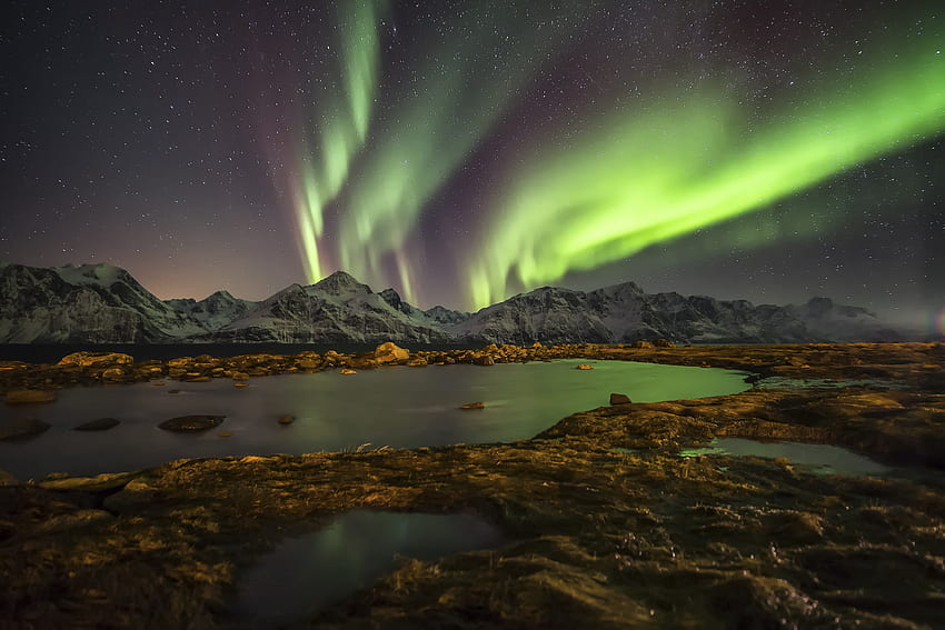 Natura, noc, jezioro, zorza polarna, zorza polarna, Norwegia Tapeta HD