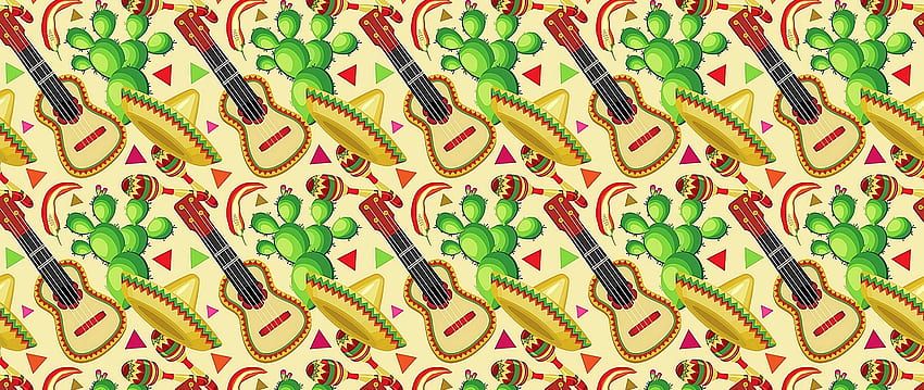 sombrero, guitar, cactus, pattern, mexican dual wide background, Mexico Cactus HD wallpaper