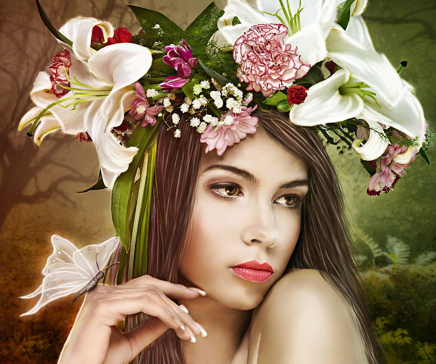 The woman - fantasy, flowers, fantasy, lilies, The woman HD wallpaper