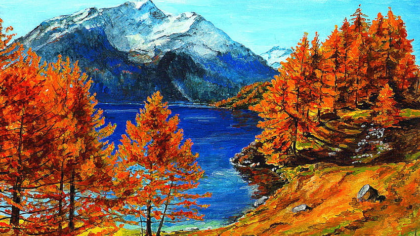Mountains Fall Lake Scenery Beauty Painting Nature Beautiful Autumn HD wallpaper