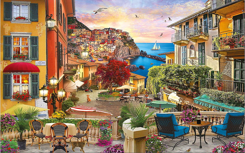 Sunset In Italy, mediterranean, houses, village, amalfi coast, sea, tables, art, restaurant, chairs, digital, flowers HD wallpaper