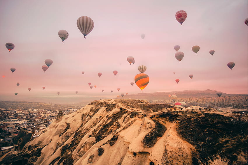 Hot air balloons, sky, mountains, festive HD wallpaper