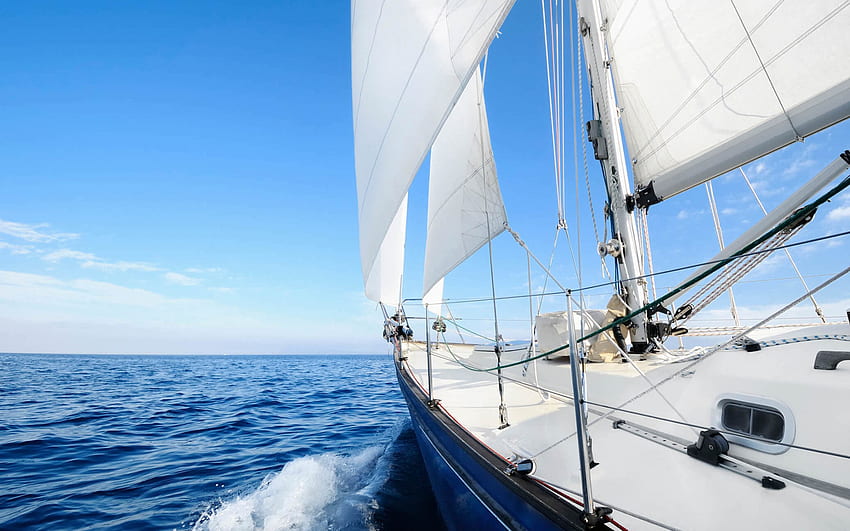 jacht z białymi żaglami, żaglówka, pejzaż morski, rejs jachtem, białe żagle, morze Tapeta HD