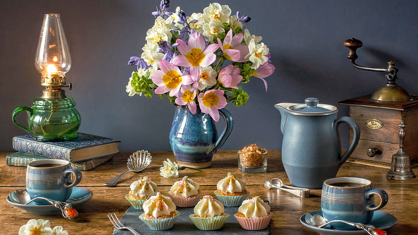 Coffee and Cupcakes, still life, flowers, cakes, lamp HD wallpaper | Pxfuel