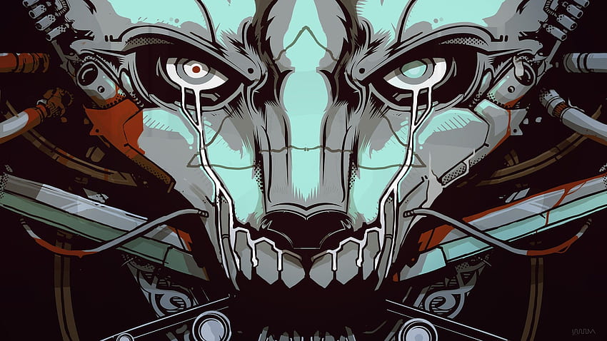 Anime Futurista Cyborg Robot Skull Obra de arte Máquina Arte digital Cyberpunk Música Vista frontal - Resolución: fondo de pantalla