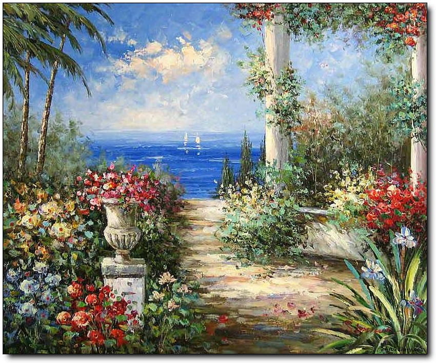 Pemandangan Laut, telapak tangan, tenang, taman, perahu, indah, tanaman merambat, pohon, bunga, kolom, pot, samudra Wallpaper HD