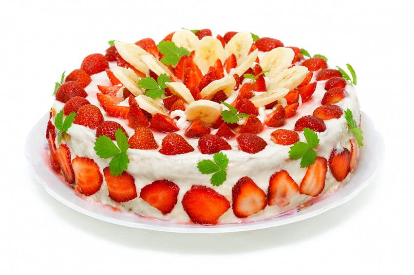 Gâteau aux fraises et aux bananes, sucré, fraise, banane, dessert, délicieux, fruits, nourriture, gâteau, fruits, crème Fond d'écran HD