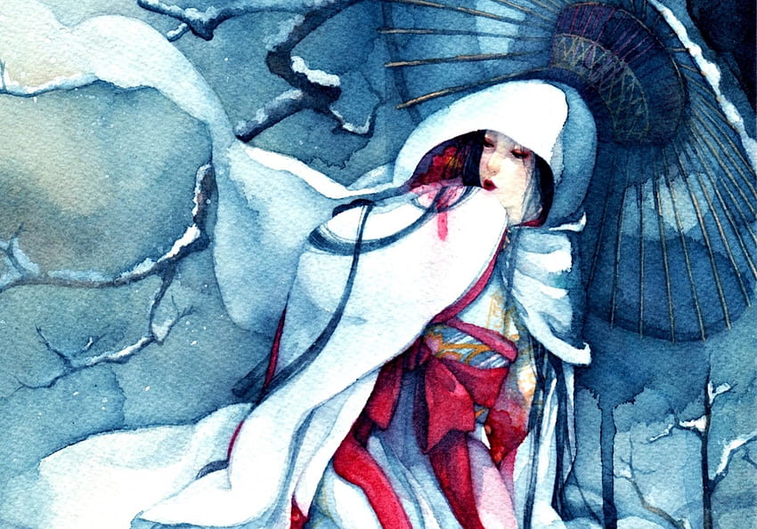 Geisha, Blau, Regenschirm, Japanisch, Weiß, Kunst, Shuka Taupe, Mädchen, Frau, Anime, Fantasy, Rot, Manga HD-Hintergrundbild