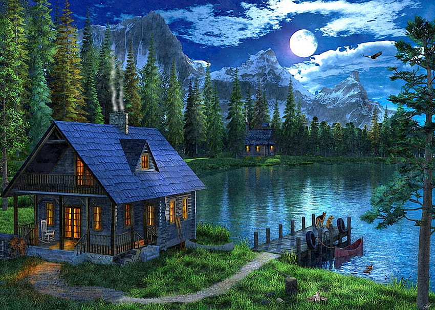 Di Malam Hari di tepi Danau, pohon, bulan, danau, rumah Wallpaper HD