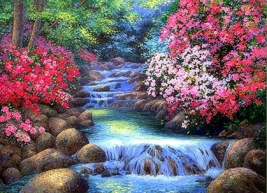 Air Terjun Tranquility, atraksi dalam mimpi, taman, surga, lukisan, air terjun, musim semi, musim panas, cinta empat musim, alam, bunga Wallpaper HD