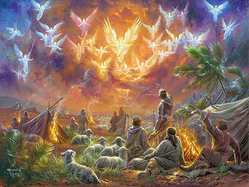 羊飼いへの告知、アートワーク、絵画、光、男性、羊、空、天使 高画質の壁紙