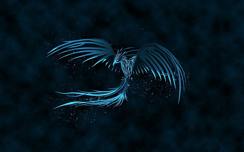 Син феникс, крила, черно, перо, птица, фантазия, светене, тъмно HD тапет