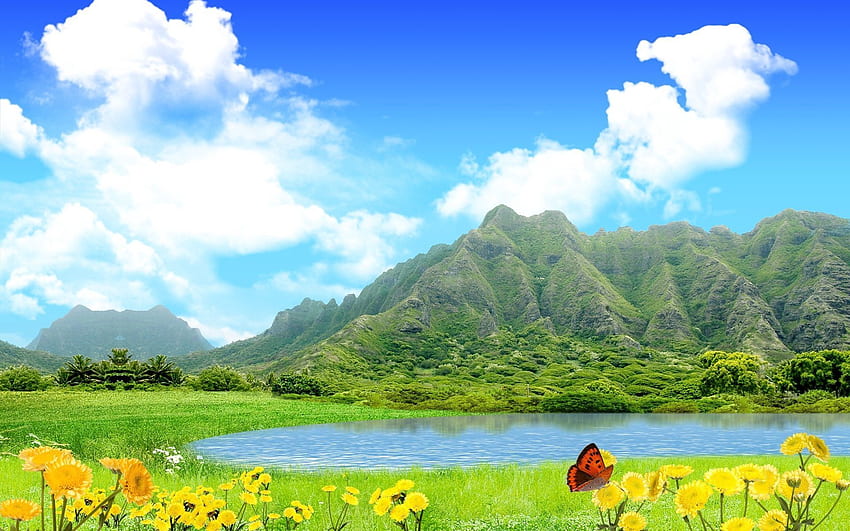 naturaleza, flores, cielo, montañas, verano, lago, mariposa fondo de pantalla