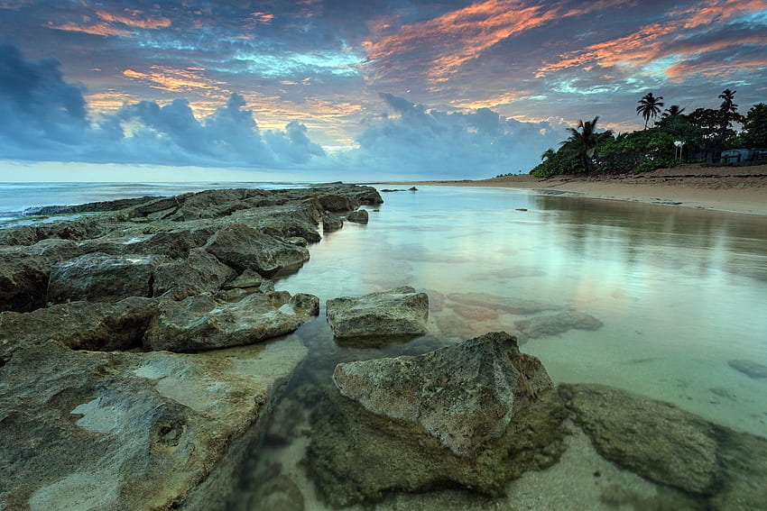 Natur, Wasser, Sonnenuntergang, Steine, Himmel, Meer, Ufer, Ufer, transparent, Schatten, Grund HD-Hintergrundbild