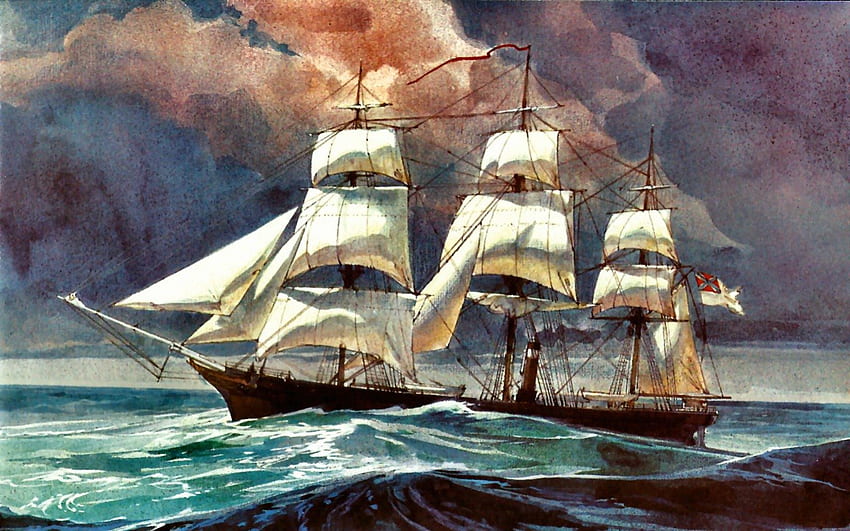 Shenandoah 2, art, confederate, sailboat, artwork, scenery, wide screen, painting, seascape, Shenandoah HD wallpaper