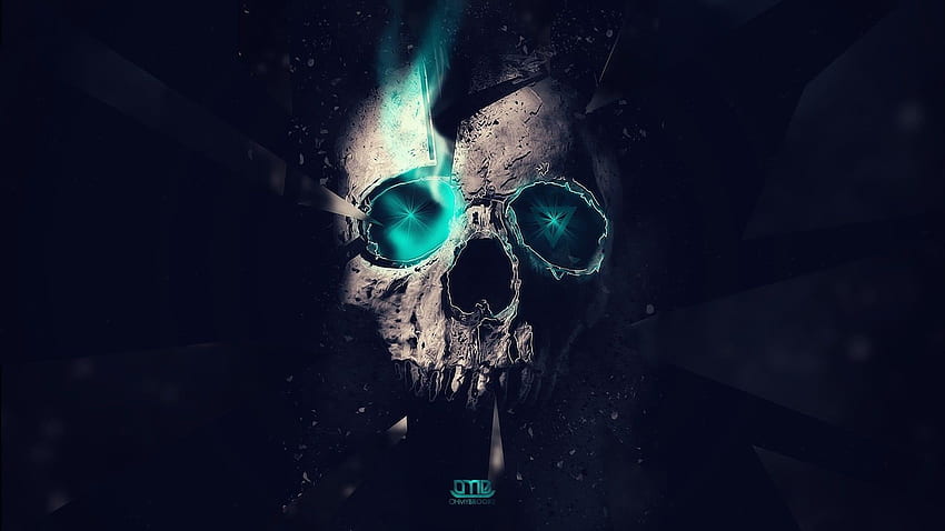 Dark • human skull illustration, artwork, neon, digital art, cyan, black background • For You The Best For & Mobile HD wallpaper