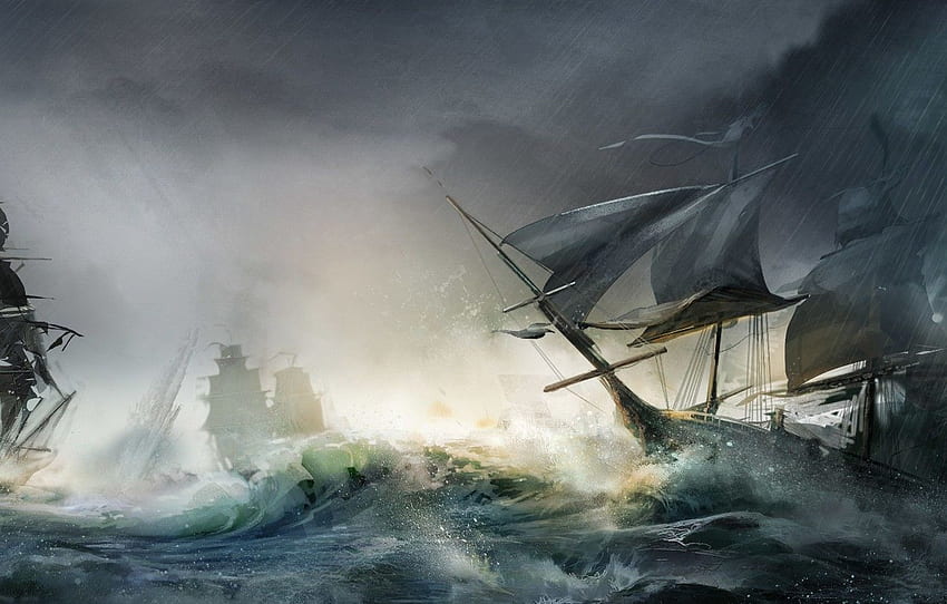 嵐、木、帆船、海戦、セクション живопись 高画質の壁紙
