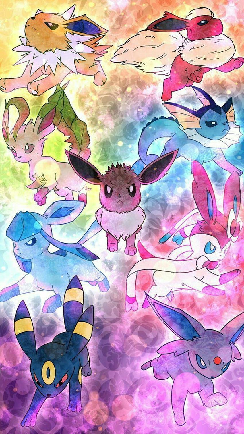 Ewolucje Eevee, Sylveon, Vaporeon, Flareon, Jolteon, Glaceon, Espeon i Umbreon Tapeta na telefon HD