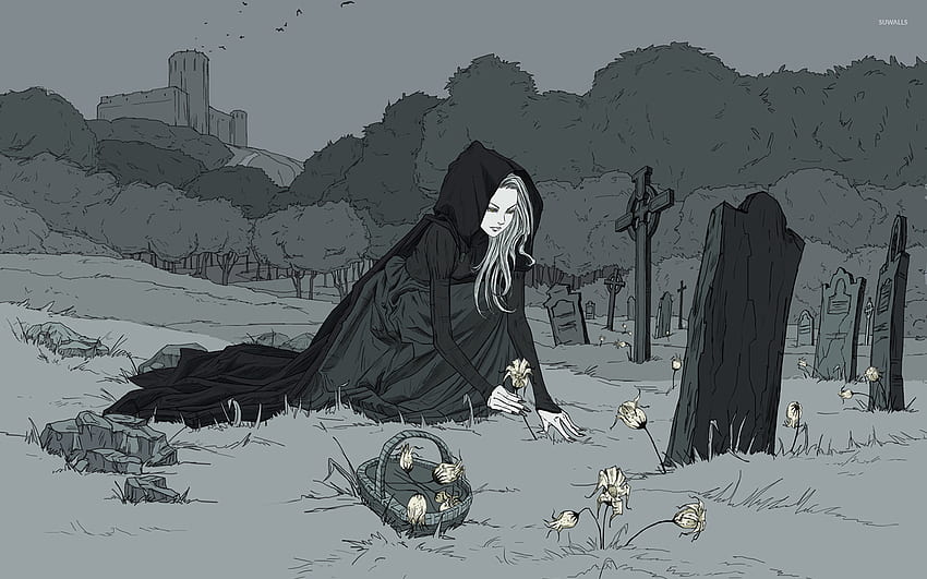 Dziewczyna na cmentarzu - Sztuka cyfrowa, Anime Cmentarz Tapeta HD