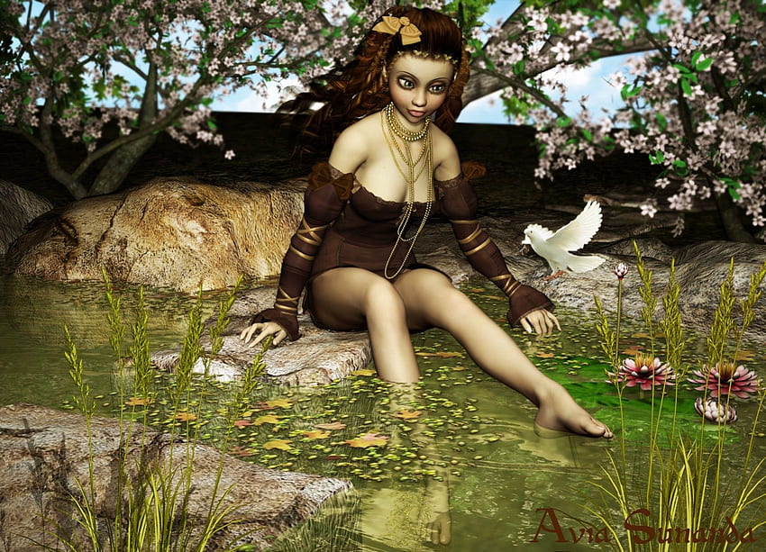 ✰Casual Girl✰, birds, plants, colors, spring, reflections, petals, animals, trees, female, blossom, sweet, eyes, flying, 3D art, rocks, summer, casual, leaves, pretty, face, sharp, lilies, hair, lovely, colorful, cute, digital art, beauty, lips, water, pond, wings, dove, beautiful, characters, seasons, love, cool, clouds, girls, sky, flowers, women, blooms, lotus HD wallpaper