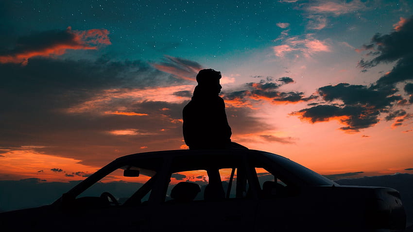 mężczyzna, gwiaździste niebo, samochód, samotność, samotny mężczyzna Tapeta HD